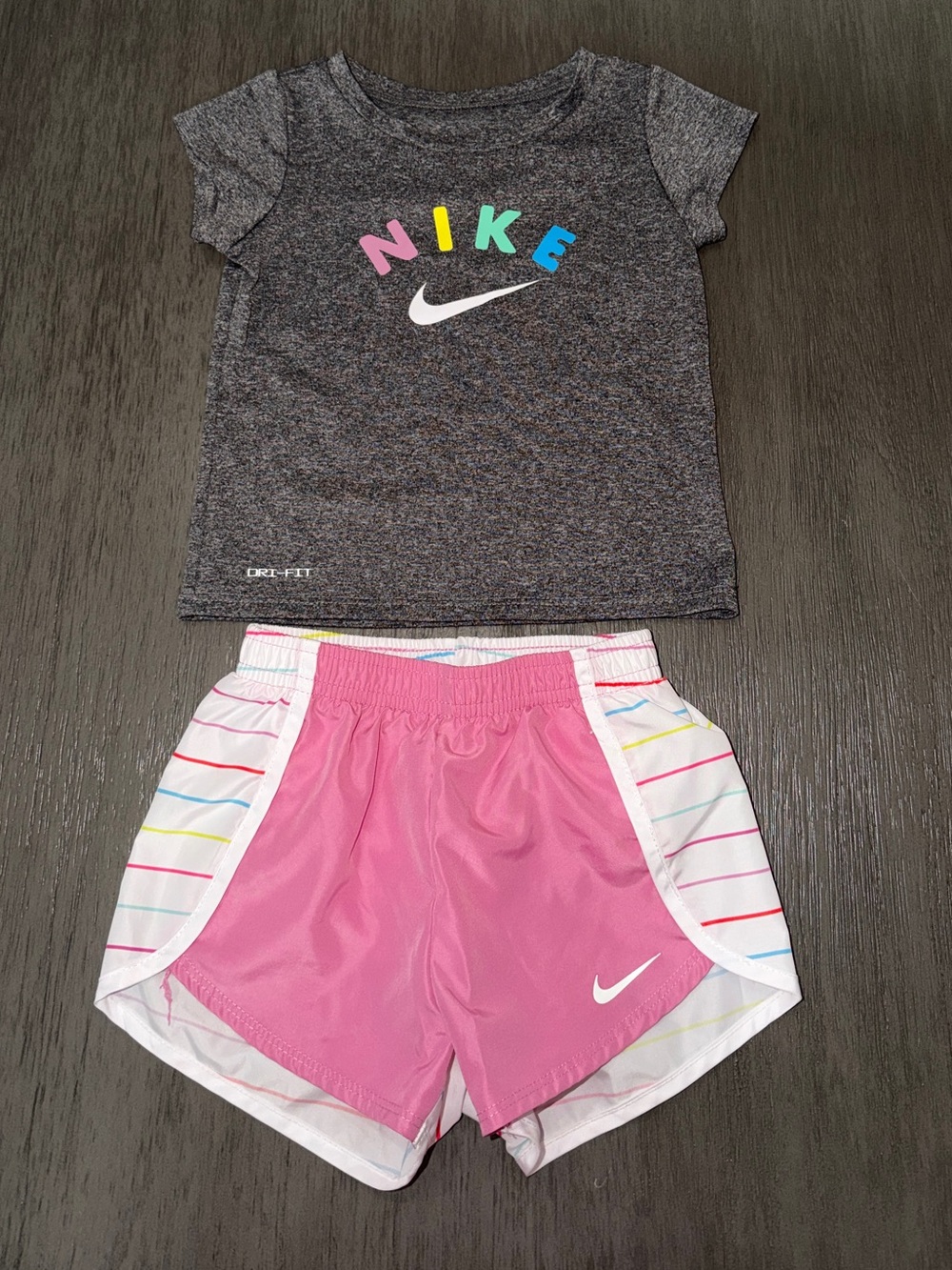 Nike Girls' Gray Tee with Multicolor Logo & Pink Athletic Shorts